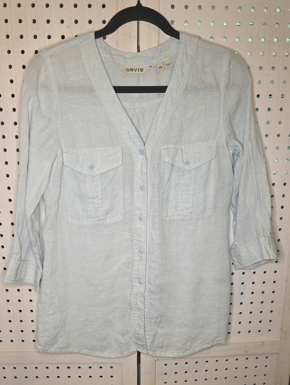 Orvis Pale 100% Linen Blue V-Neck Button Front Shirt 3/4 Sleeves XS